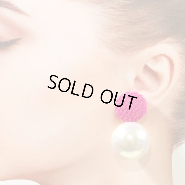 画像3: ツイードと巨大パールのピアス☆フーシャピンク（イヤリング可） (3)