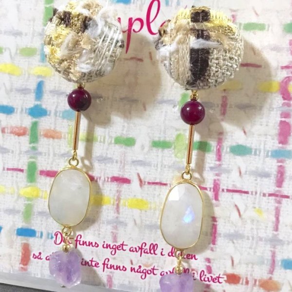 画像5: ツイードと天然石のピアス☆ゴールド (5)