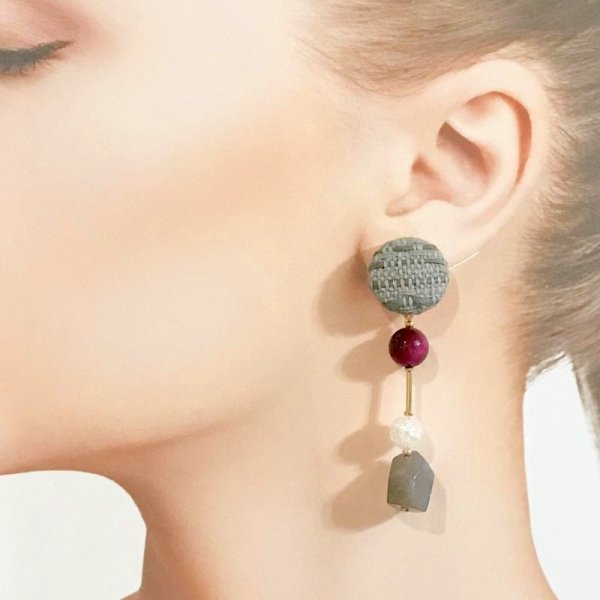 画像3: ツイードと天然石のイヤリング☆グレー（ピアス可） (3)