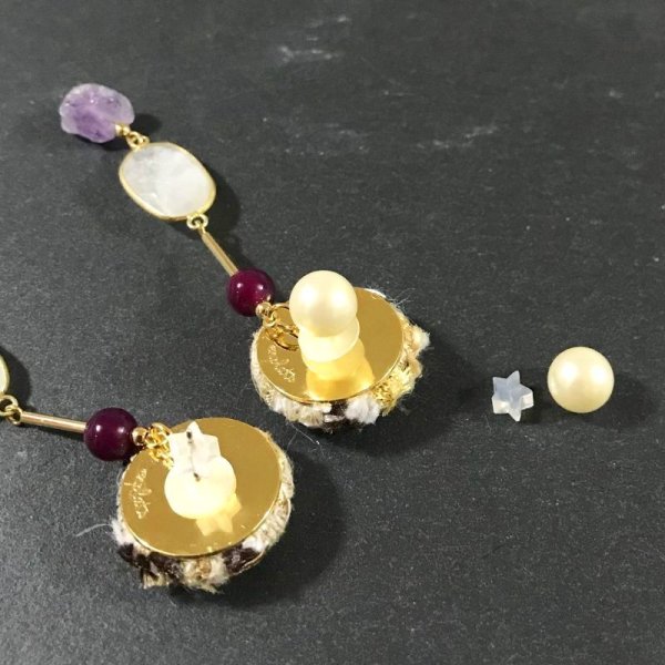 画像7: ツイードと天然石のピアス☆ゴールド (7)