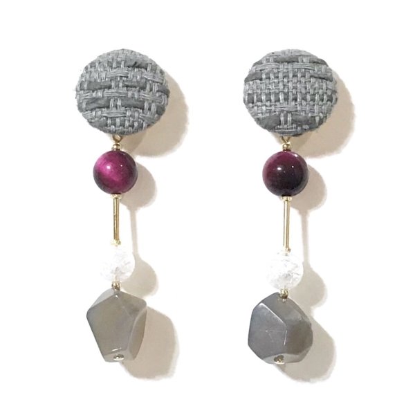 画像2: ツイードと天然石のイヤリング☆グレー（ピアス可） (2)