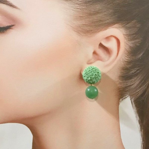 画像4: ツイードと天然石のイヤリング☆1粒グリーンアベンチュリン(ピアス可) (4)