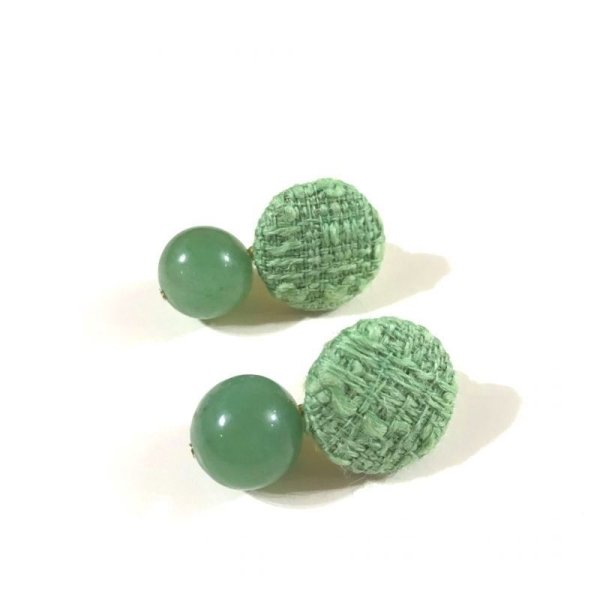 画像2: ツイードと天然石のイヤリング☆1粒グリーンアベンチュリン(ピアス可) (2)