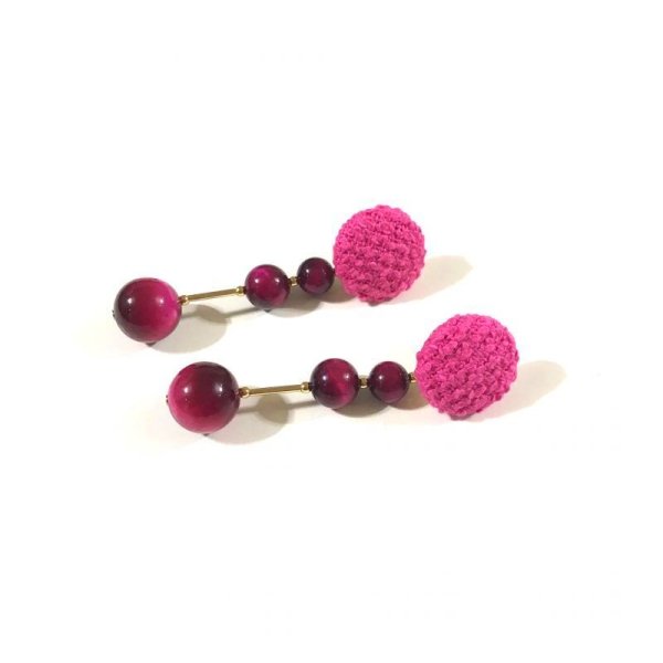 画像3: ツイードと天然石のスティックピアス☆フーシャピンク(イヤリング可) (3)