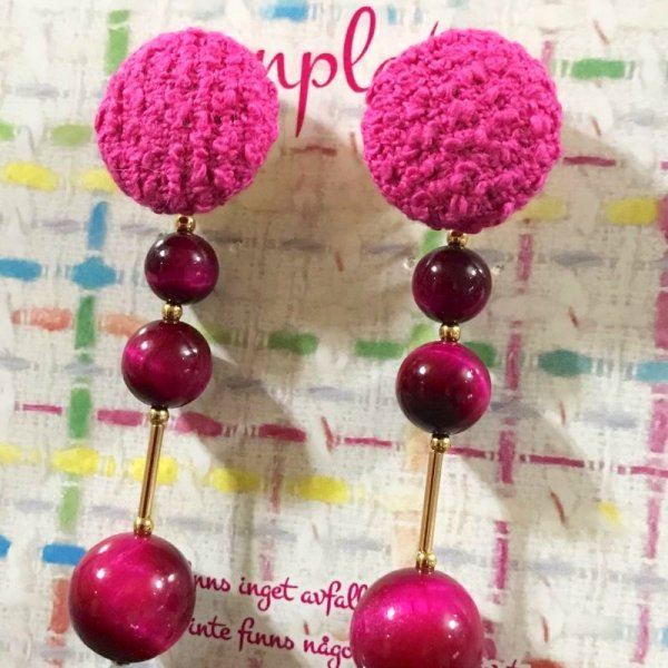 画像7: ツイードと天然石のスティックピアス☆フーシャピンク(イヤリング可) (7)