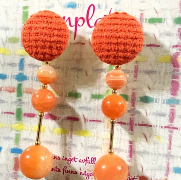 画像7: ツイードと天然石のスティックピアス☆オレンジ（イヤリング可） (7)