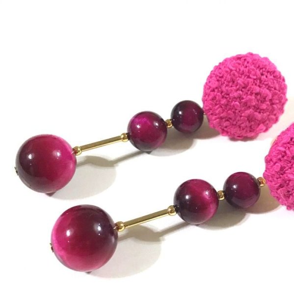 画像4: ツイードと天然石のスティックピアス☆フーシャピンク(イヤリング可) (4)