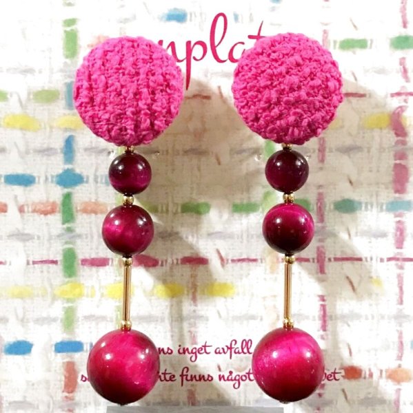 画像6: ツイードと天然石のスティックピアス☆フーシャピンク(イヤリング可) (6)