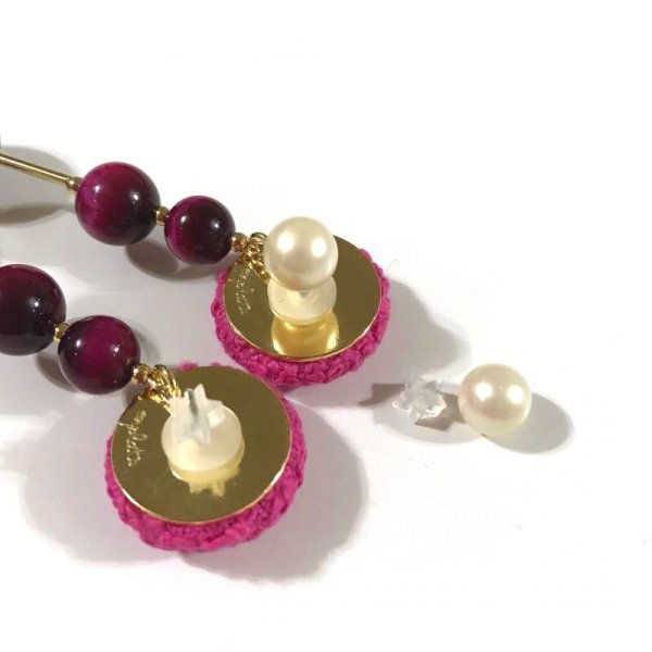 画像5: ツイードと天然石のスティックピアス☆フーシャピンク(イヤリング可) (5)