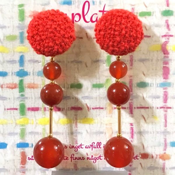 画像6: ツイードと天然石のスティックイヤリング☆レッド(ピアス可) (6)