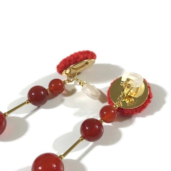 画像5: ツイードと天然石のスティックイヤリング☆レッド(ピアス可) (5)