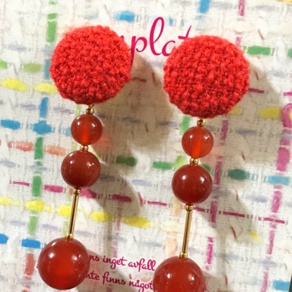 画像7: ツイードと天然石のスティックイヤリング☆レッド(ピアス可) (7)