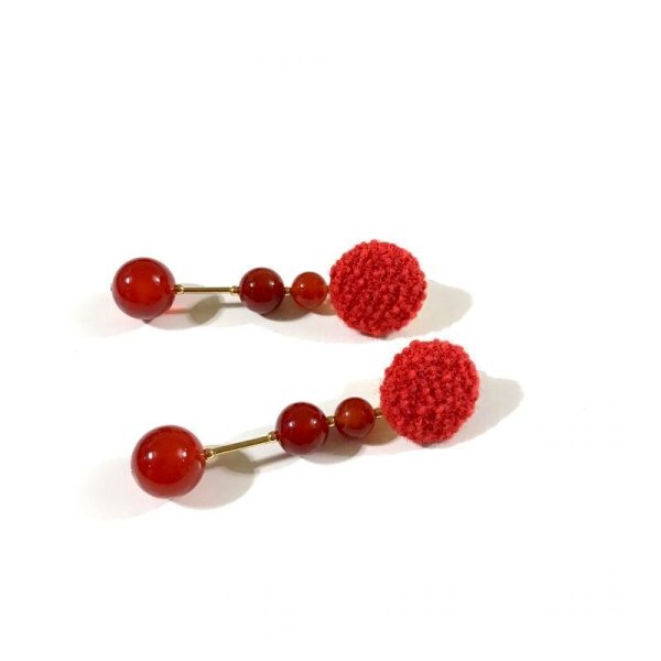 画像3: ツイードと天然石のスティックイヤリング☆レッド(ピアス可) (3)