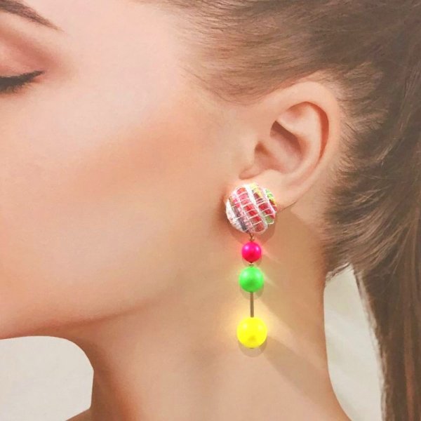 画像2: ツイードとネオンのスティックイヤリング☆マリア(ピアス可) (2)