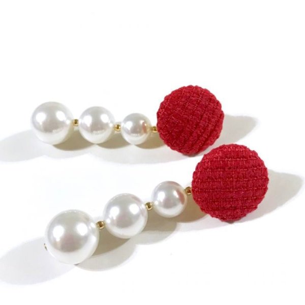 画像2: ツイードと3段パールのイヤリング☆レッド（ピアス可） (2)