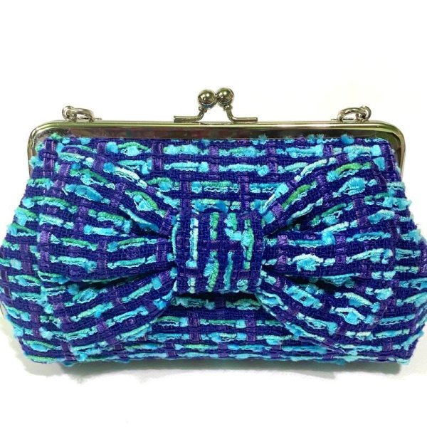 画像4: ブルーブルーなツイードのクラッチ15★チェーン&リボン付 (4)