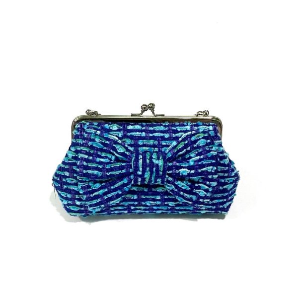 画像2: ブルーブルーなツイードのクラッチ15★チェーン&リボン付 (2)