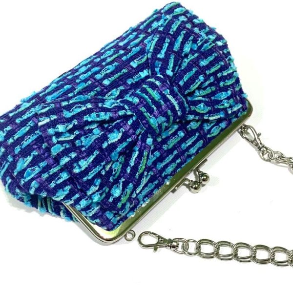 画像7: ブルーブルーなツイードのクラッチ15★チェーン&リボン付 (7)